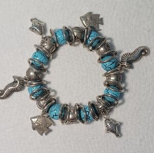 Coastal Beach - Fashion Stretch Beaded Charm Bracelet with 6 Sea Life Charms